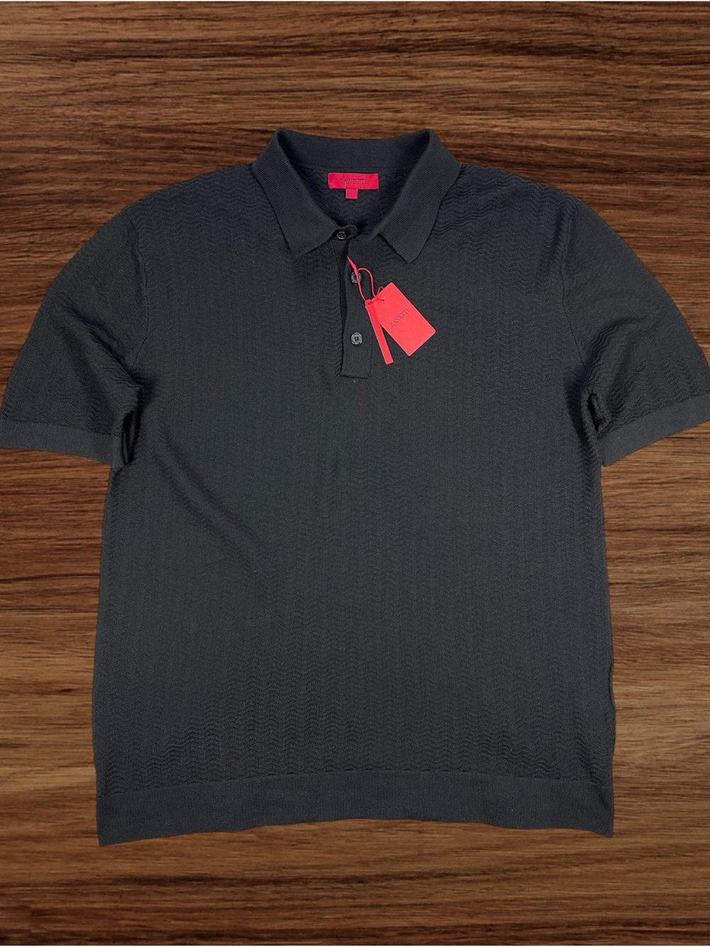 Zanetti Men’s Short Sleeve Black Wave Knit Polo Shirt. Active Stretch. Medium